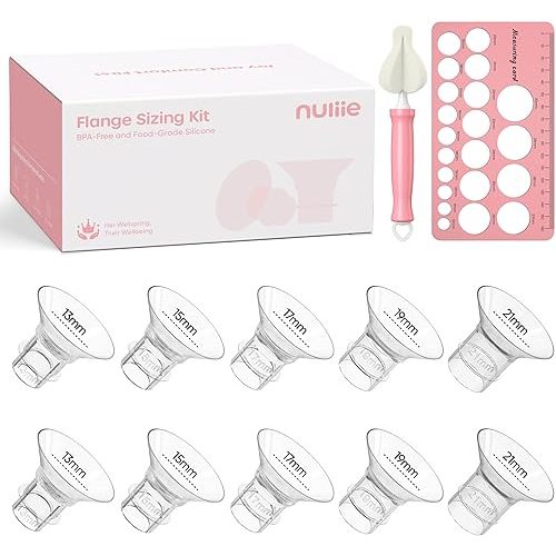 Nuliie 3-in-1 Flange Sizing Kit 13/15/17/19/21mm for 24mm Electric Double Breast Pump Flange/Shield, 10PCS Silicone Flange Inserts to Boost Pumping Efficiency & Comfort, BPA-Free Essential for Moms