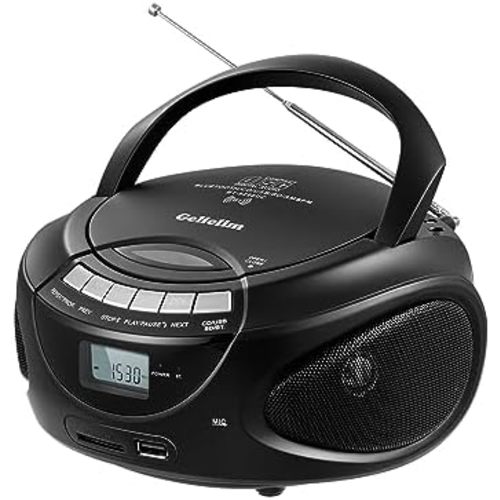 Gelielim Portable CD Players for Home, CD Boombox with AM/FM Stereo Radio, Bluetooth, USB, SD Card, MMC Drive, Aux-in, Headphone Jack,LCD Display, Boom Box CD Player AC/Battery Operated – Black