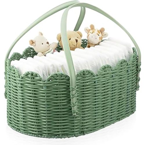 Premium PE Rattan Diaper Caddy Organizer with Handles, Easy-clean PE Wicker Storage Basket, Sage Green Nursery Organizer for Baby Essentials & Baby Shower Gifts