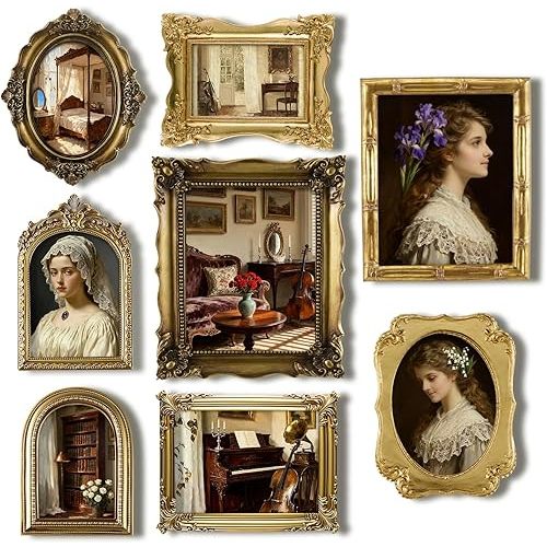8 Pcs Picture Gold Vintage Gallery Wall Frame Set Antique Resin Picture Frame Collage Including 8x10, 5x7, 4x6 Baroque Victorian for Wall Tabletop Display Ornate French Country for Bedroom Living Room