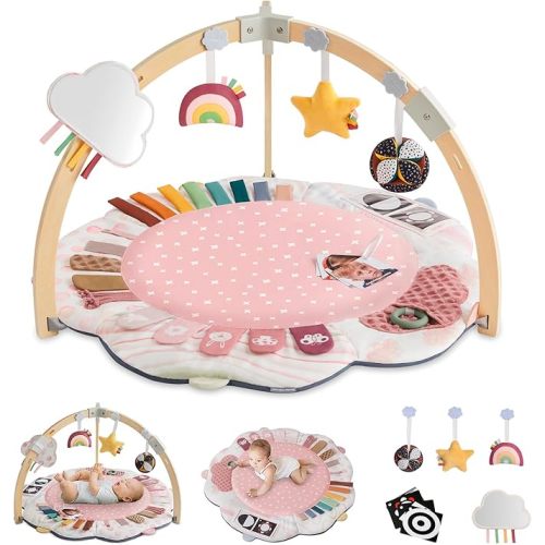 Blissful Diary Baby Play Gym & Activity Mat, 5 Developmental Zones Wooden Tummy Time Mat with 6 Detachable Sensory Toys for Motor Skills & Sensory Development, Baby Essentials Shower Gift