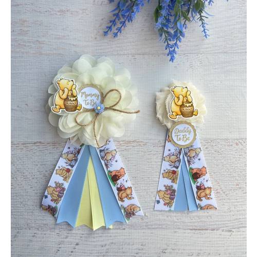 Classic Winnie The Pooh Baby Shower Corsage, Mommy to be Ribbon Mom Dad Family Pins