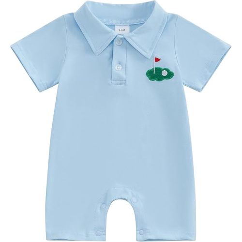 Newborn Baby Boy Outfit Short Sleeve Lapel Collar Button Up Golf Hole Embroidery Romper Jumpsuit Infant Summer Clothes