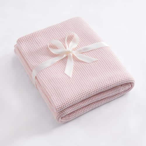 BOV 100% Cotton Knit Throw Blanket for Couch, Waffle Blush Pink, 50"x60" | Breathable 100% cotton knit in blush pink with waffle texture; machine washable for couch, bed or reading nook.