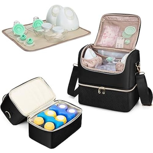 Fasrom Breast Pump Bag with Cooler Compartment Compatible with Momcozy, Medela and Willow Hands Free Pump, Pumping Tote with Waterproof Mat, Black