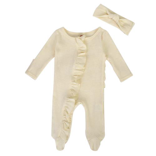 Weebloom Baby Boy Girl Romper Footie Newborn Spring Fall Clothes Knit Ruffle Footies Jumpsuit With Headband Outfit Sleepwear Loungewear Pjs Sleepers Pajamas Onesie Beige 0-3 Months