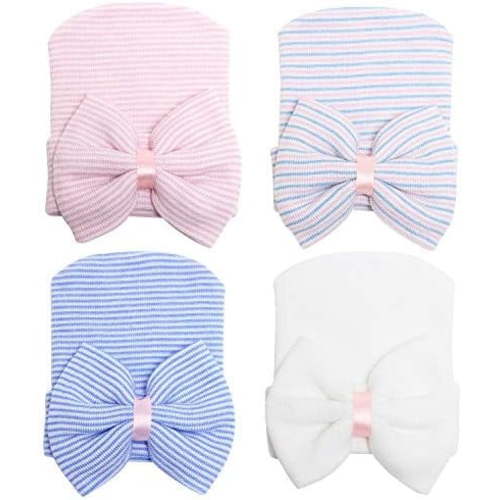 Newborn Hospital Hat Toddler Beanie Baby Boy Girl Knot Headbands with Big Bows Infant Baby Nursery Caps A White & Blue & Pink & Pink Blue White One Size A White & Blue & Pink & Pink Blue White One