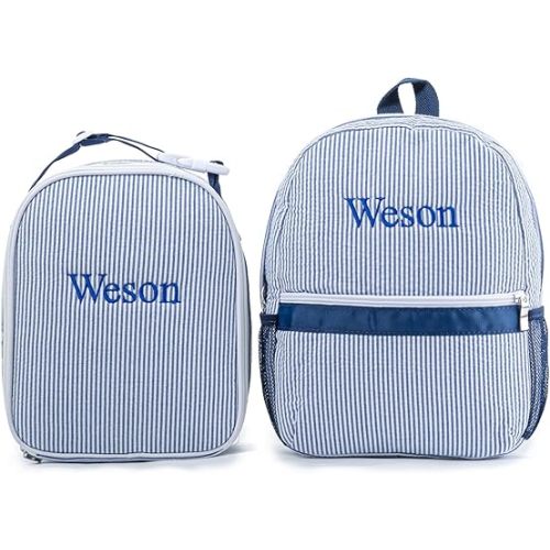 MT WORLD Kids' Backpacks with Lunch Boxes Set,Personalized Kids Backpacks & Lunch Bag with Name,Seersucker Toddler Preppy Bookbag Set with Lunchbox for Preschool Kindergarten Back to School Gifts