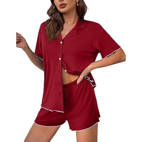 Ekouaer Womens Pajama Sets Button Up Bride Pj Shorts Set 2 Piece Soft Sleepwear Short Sleeve Lounge Sets, S-XXL
