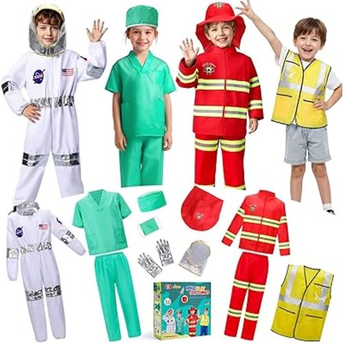 LOYO Kids Role Play Dress Up Clothes for 3-8 Years Old Play, 4 Sets Astronaut/Doctor/Fireman/Construction Costume for Kids And Toddlers Boys Halloween Costumes