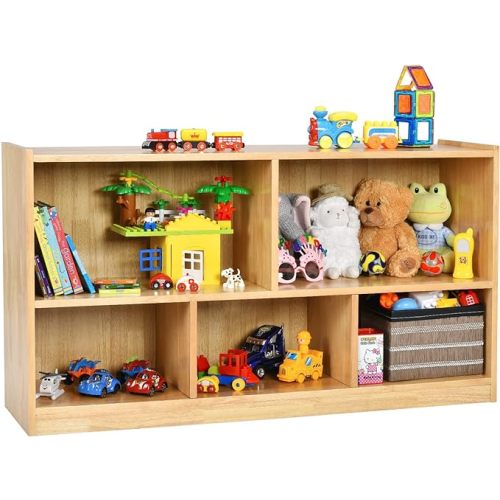 Costzon 2-Shelf Bookcase for Kids, Wooden Toy Storage Organizer for Books Toys, 5-Section Freestanding Classroom Daycare Montessori Bookshelf for Preschool, Home Playroom & Kindergarten (Burlywood)