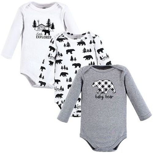 Hudson Baby Infant Boy Cotton Long-Sleeve Bodysuits, Baby Bear Gray Black 3-Pack, 3-6 Months