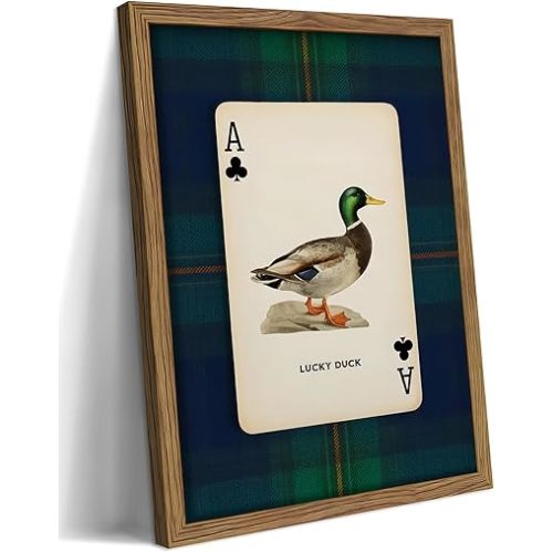 Framed Vintage Mallard Duck Wall Art, Country Lucky Duck Wildlife Poker Wall Decor Painting, Nature Rustic Farmhouse Hunting Canvas Prints Pictures for Living Room Bedroom 16x24 Inch