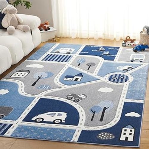 SAFAVIEH Carousel Kids Collection Area Rug - 4' x 6', Grey/Blue, Geometric Design, Ideal for High Traffic Areas in Living Room, Bedroom, Dining (CRK193M)