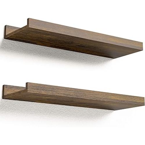 Boswillon Floating Shelves for Wall, Wall Mounted Shelves Set of 2, Rustic Shelves with Lip, Display Picture Ledge Shelf for Wall Decor Living Room Bathroom Kitchen - Brown