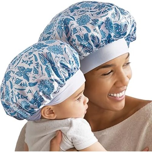 Red by Kiss 2-in-1 Mommy & Me Satin Bonnet Sleep Cap for Adult and Babies, Soft, Stretchy, and Safe, Protects Fragile Hair from Frizz & Breakage, Friction Bald Spots (Paisley, 6-18M)