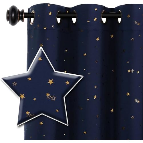 H.VERSAILTEX Blackout Star Curtains for Kids Room Boys Girls Twinkle Stars Thermal Insulated Cute Thick Soft Curtain Drapes, Grommet Top, 1 Panel, 52" W x 63" L, Navy/Bronze