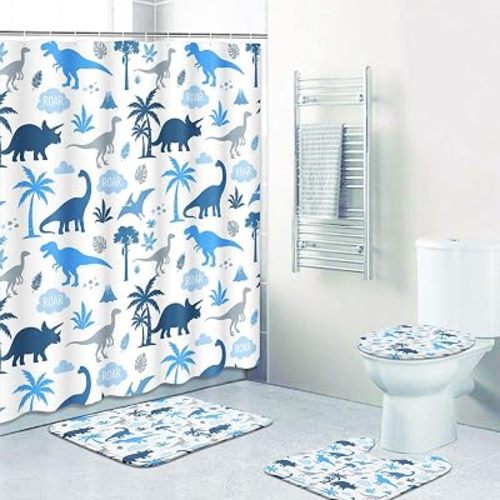 Britimes Bathroom Sets with Shower Curtain and Rugs Set of 4 Blue Grey