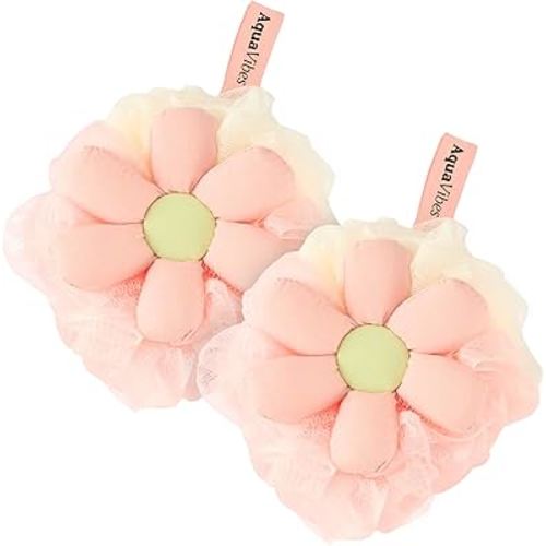 Cute Bath Loofah Sponge- Mesh Pouf Flower Shaped Body Scrubber, Duo Pack – Exfoliating Shower Sponge for Women, Bath Sponge for Sensitive Skin in Beauty Bathing Accessories