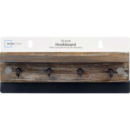 Mainstays 10 Inch Wooden Hookboard with Shelf, 4 Metal Hooks, Includes Mounting Hardware, Antique Grey