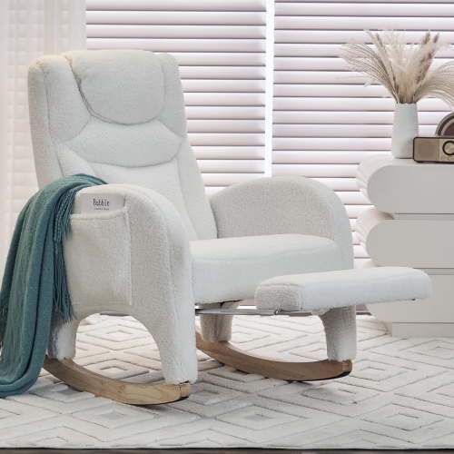 Nursery Rocking Chair with Two Side Pockets & Adjustable Footrest, Teddy Fabric Rocker with High Backrest, Modern Rocking Accent Chair for Living Room, Bedroom, Ivory