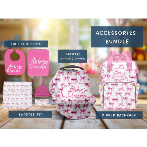 Custom Baby Accessories Bundle | Swaddle Blanket | Carseat Cover | Diaper Bag | Baby Shower Gift | Preppy Coquette Theme