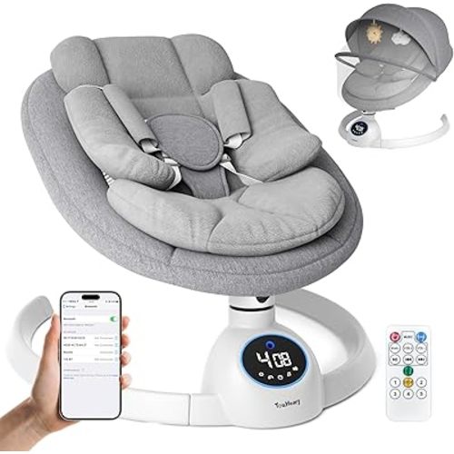 Electric Baby Swing for Infants, Bluetooth Music, 5 Swing Speeds, 3 Timer Settings, Remote & Touch Control, Washable Seat, Canopy w/Mosquito Net, Newborn Gift, 0-9 Months (Max 20lb), Grey