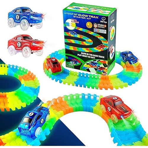 USA Toyz Glow Tracks Starter Kit Race Tracks and 2 LED Toy Cars - 216pk Glow in The Dark Bendable Flexible Rainbow Race Track Set with 2 Light Up Car Toys, STEM Building Toys for Boys and Girls