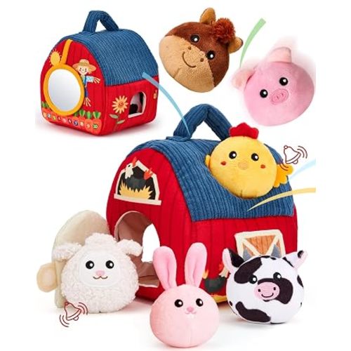 hahaland Baby Toys 6-12 Months - Surprise Barn Stuffed Farm Animals Plush | 6 Month Old Montessori Toys with Rattle Crinkle Sound, Texures, Mirror, Infant Sensory Balls 7 8 9 Month Old Baby Boy Gifts