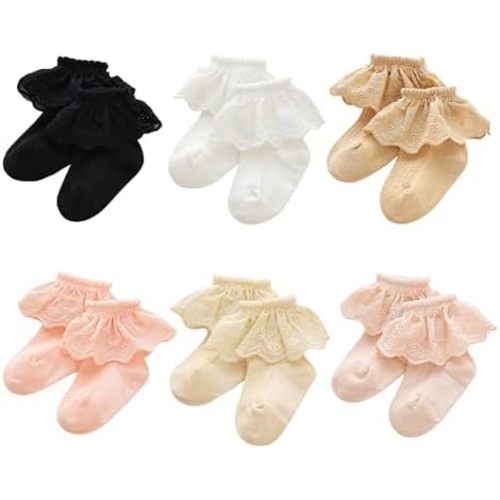 Baby Toddler Girls Ruffle Lace Ankle Cotton Dress Socks - Frilly Eyelet Lace Socks for Infants 6 Pack