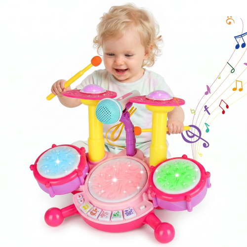 Baby Drum Set, Toy for 1 Year Old, Toddler Drum Set with 2 Drumsticks and Microphone, Kids Musical Toys, Baby Drum Set Toy for 1 2 3 Year Old Boys Girls - Pink