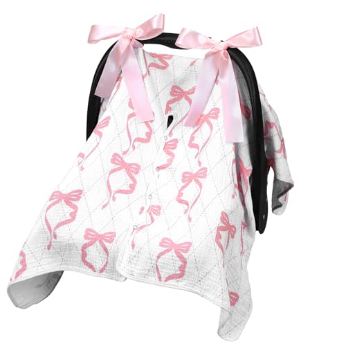 Tegeme 2-in-1 Pink Bow Muslin Baby Car Seat Cover Breathable Multi-use Nursing Infant Car Seat Cover Windproof Canopy for Breastfeeding Strollers Carriers