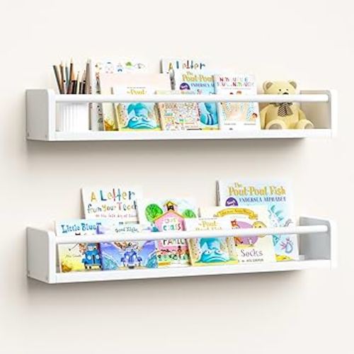 upsimples 2 Pack Nursery Book Shelves, 23.6 Inch Floating Bookshelves for Wall, Baby Nursery Decor, Small Solid Wood Wall Mounted Shelves for Baby Kids Boys Girls, White