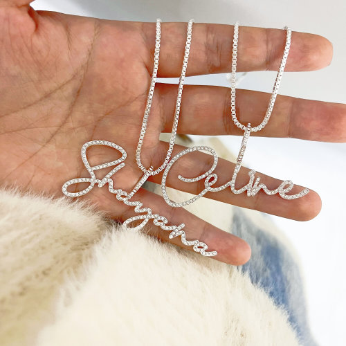 Silver Name Necklace, Custom Name Necklace, 925 Sterling Silver, Diamond Name Necklace,Personalized Bling Name Necklace,Script Name Necklace