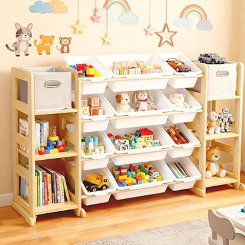 Extra Large Toy Storage Organizer for Kids - 3-in-1 Wooden Bookshelf with 6 Shelves, 12 Bins + Free 2 Storage Boxes, Anti-Tip for Playroom/Nursery(White)