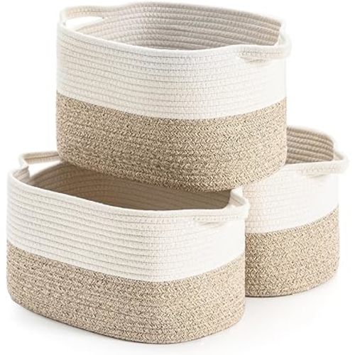 DUHEL Cotton Rope Woven Storage Basket, Used for Baby Hamper Toy Organizer, Gift Baskets Empty,Kids Laundry Basket,Baby Blanket Basket. Size 15x10x8.7 Inches. (White&Brown-3PCS)