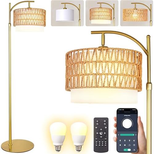 DRAWNCAT Rustic Woven Rattan Floor Lamp – Golden Finish, Arc Design, 12W LED (1 in use + 1 Spare), Remote & Dimmable 3-Color Temperature, Tall Standing Lamp for Living Room, Bedroom & Reading Corner