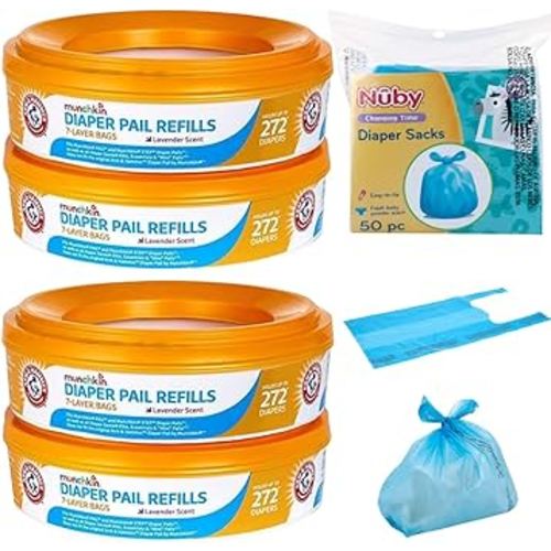 Munchkin A&H Diaper Pail Refill Rings, 4-Pack Holds Up to 1,088 Diapers Total + 50 Diaper Sacks, Lavender Scent, 7-Layer Bags,