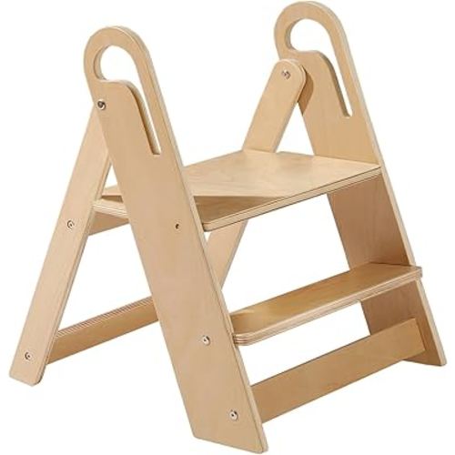 Wooden Step Stool for Toilet, 2-Step Toddler Stool with Handles, Foldable Kids Step Stool for Potty Training, Sturdy Child Stepping Stool for Bathroom Sink, Kitchen Counter and Bedroom, Natural