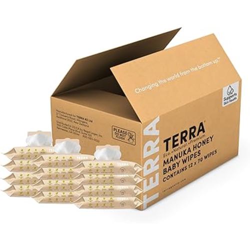 Terra Bamboo Baby Wipes: Manuka Honey, 99.5% Pure New Zealand Water, 100% Biodegradable Bamboo Fiber, 0% Plastic, Unscented Baby Wipes for Sensitive Skin, 12 Packs of 70 Wipes