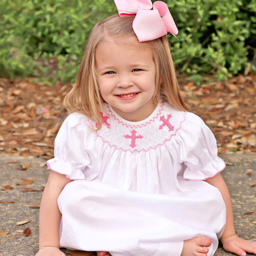 Pink Cross Smocked White Bishop Dress