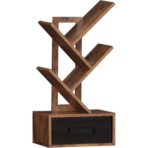 SHEEPAM Small Bookshelf with Drawer,4 Tier Tree Book Shelf,Wood Desk Bookshelves,Modern Free Standing Desktop Display Shelves,Brown Floor Standing Organizer Bookcase for Living Room,Bedroom,Office
