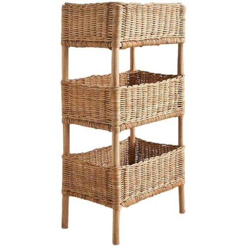 Rattan Shelving Unit, 3-Tier Rattan Organizer, Handmade Woven Storage Rack, Boho Farmhouse Storage Racks, for Living Room, Bedroom, Kitchen(Light Coffee,Small)