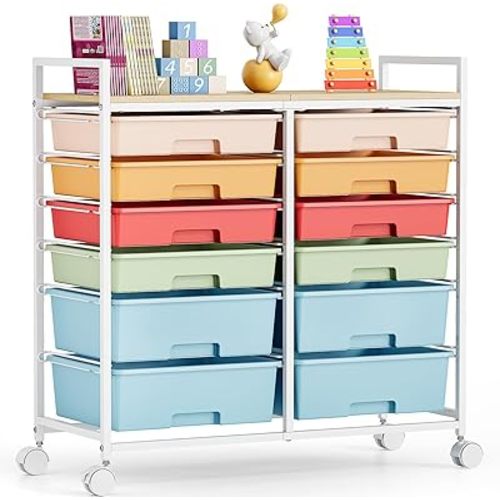 Rolling Storage Cart with 12 Drawers, Wooden Tabletop Utility Cart for Craft Storage, Art Supply Storage & Home Office Organization, Teacher Cart with Wheels for Classroom, School (Rainbow)