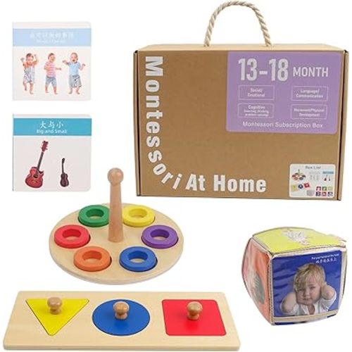 Montessori Toys for 13 Months+, 6 in 1 Learning Educational Set Wooden Toys (Includes Mutli-Shape Puzzle, Simon Says Cube,Cards, Rings On Peg,Big and Small Picture Books,I Can Do Things)