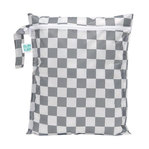 Bumkins Waterproof Wet Bag for Baby, Travel, Swim Suit, Cloth Diapers, Pump Parts, Pool, Beach, Gym Clothes, Toiletry, Hook to Stroller, Daycare, Zipper Reusable Wetdry Packing Pouch, Gray Check