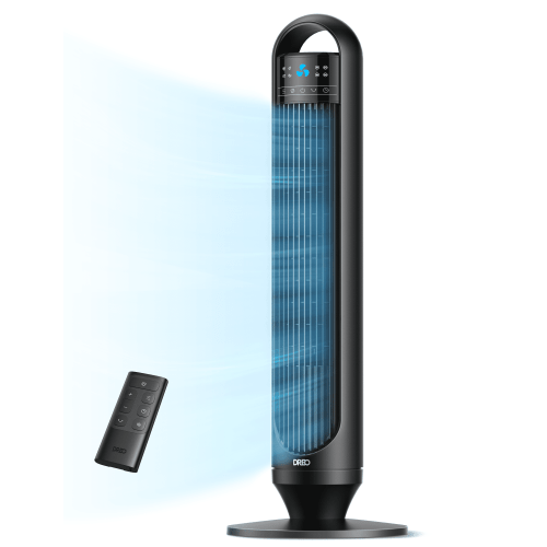 DREO Tower Fans for Home, 32" Standing Floor Fan, 26 ft/S Bladeless Fan with Remote, 90° Oscillating, 3 Modes, 3 Speeds, LED Display, 8H Timer, Quiet Room Fan