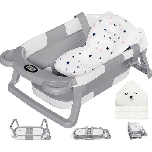 MoreFeel Collapsible Baby Bathtub for Newborn with Thermometer & 1 Hooded Towel & 1 Soft Floating Cushion,Portable Travel Bathtub with Drain Hole, Durable Foldable Baby Tubs for Infants to Toddler