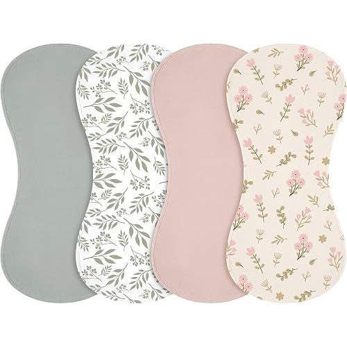 Boao 4 Pcs Boho Floral Baby Burp Cloths Pink Green Floral Leaf Soft Plush Newborn Spit up Rags Boho Burp Cotton Cloths Rag for Boy Girl Newborn Infant Gifts Nursery Decor 20.87 x 9.84 Inches