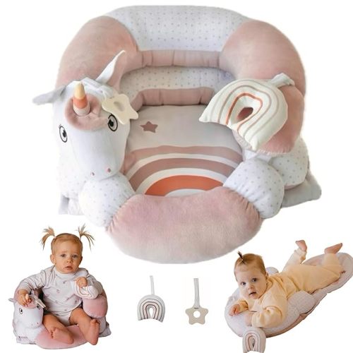 2-in-1 Tummy Time Mat and Seated Support with Two Toys – for Newborns and Babies – Includes Detachable Cushion for Supervised Play & Head/Neck Development (Blush)